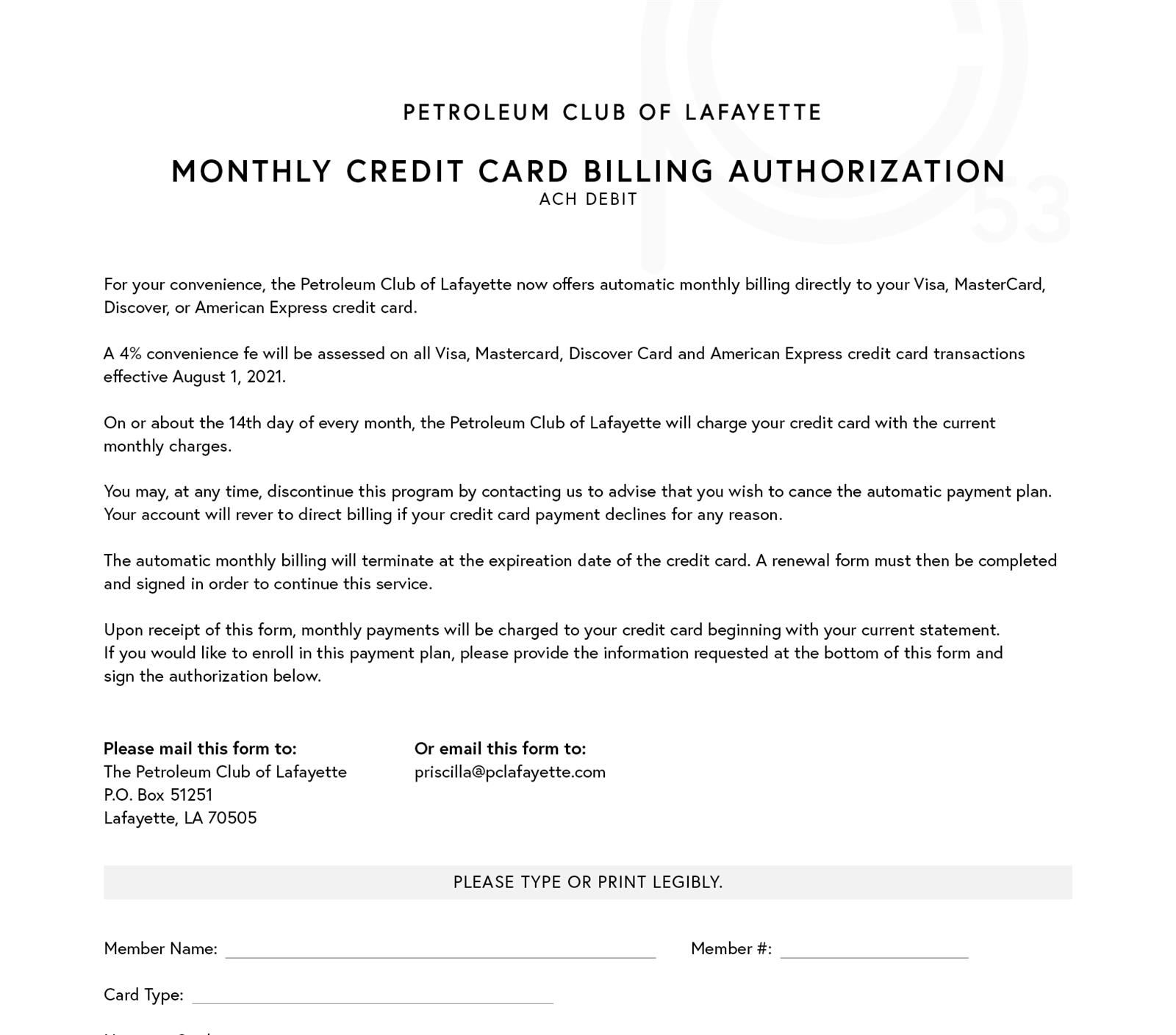 Monthly CC Auth Form
